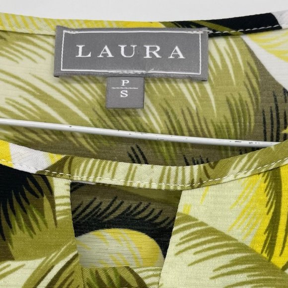 Laura Green and Yellow Botanical Leaf print flutter sleeve blouse keyhole neck S - Picture 3 of 12